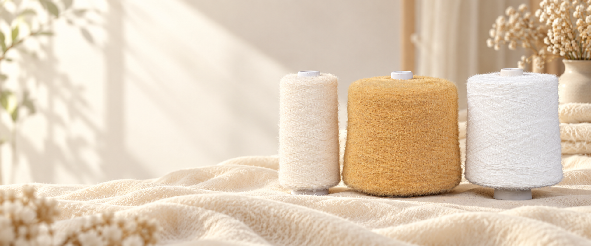 Three cones of soft feather yarn in ivory, gold and white on a warm textile backdrop