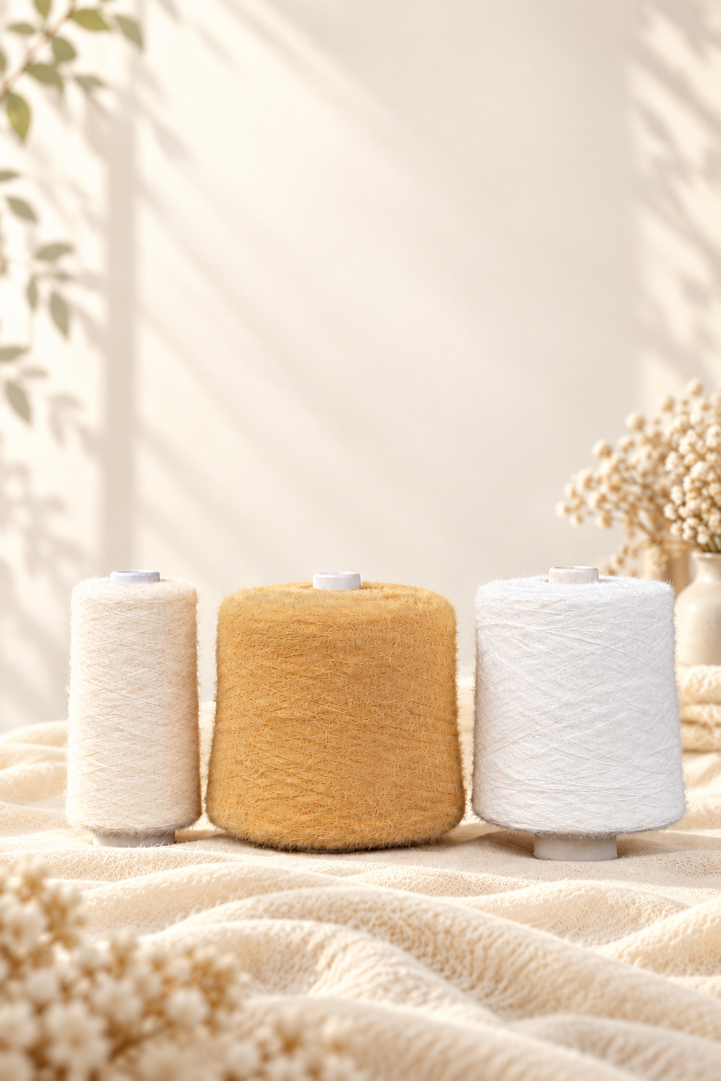 Three cones of soft feather yarn in ivory, gold and white on a warm textile backdrop